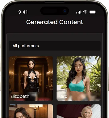 A mobile app screen displaying a 'Generated Content' section with images labeled Elizabeth and Mira, each depicting different individuals.